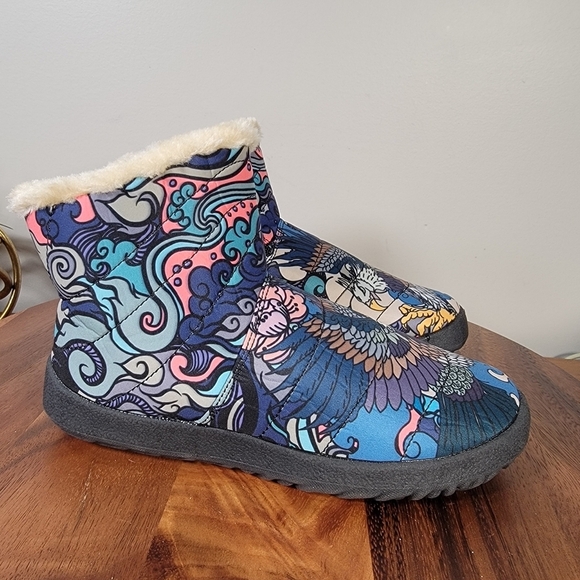 Raad Shop Colorful Japanese Eagle Tattoo Winter Zip Boots Size 7 - Picture 4 of 15